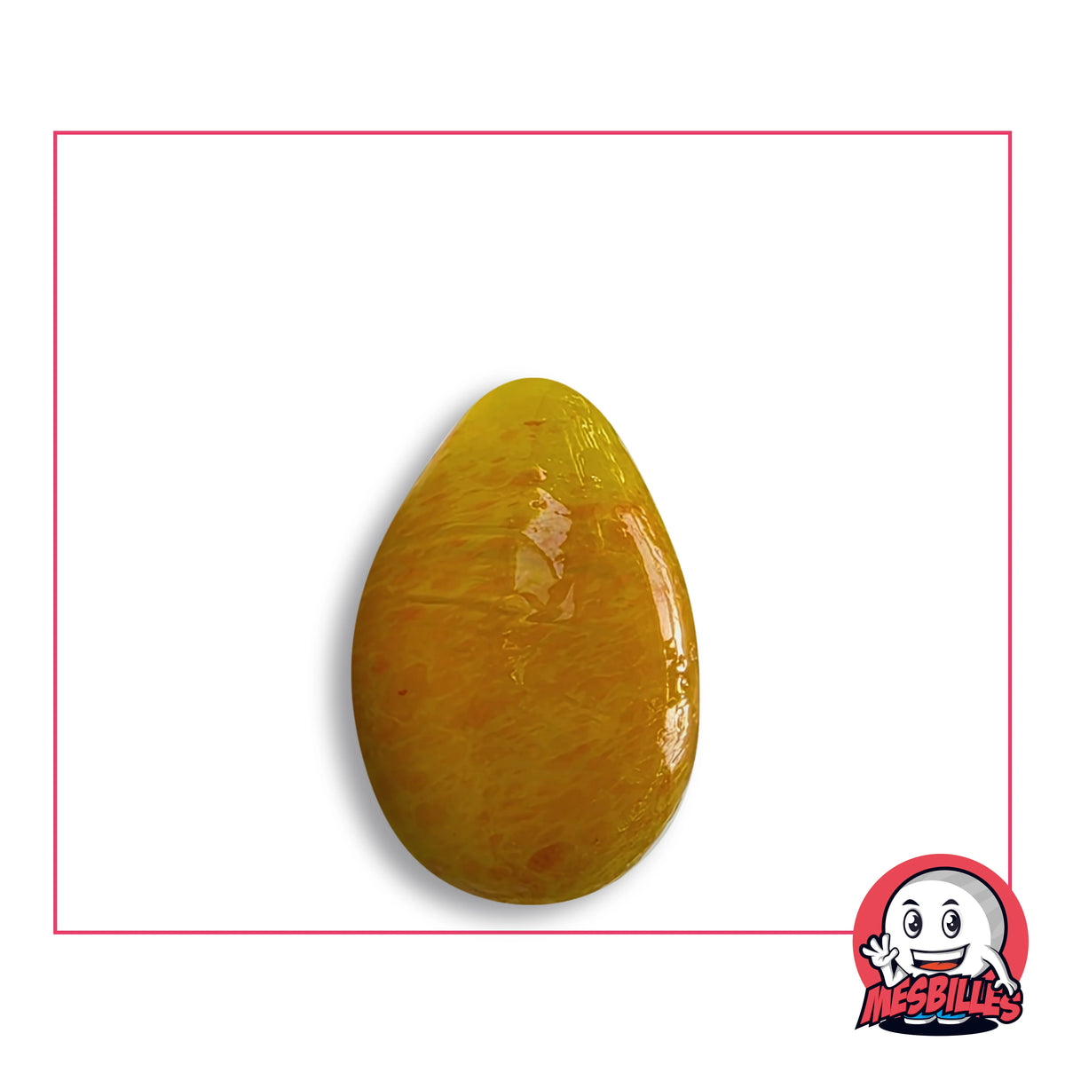 Bille Oeuf Jaune Moucheté Orange en verre jaune d'or moucheté d'orange, vue de côté, environ 25 mm de haut