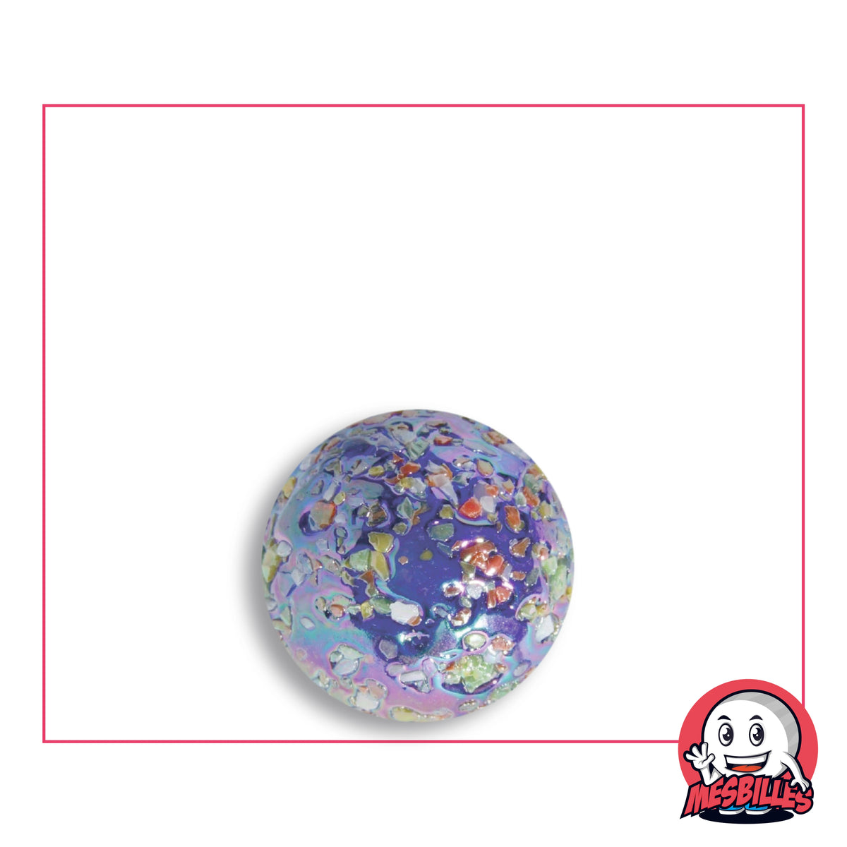 Biglia Pépite étoile 16 mm in vetro blu notte con frammenti multicolori e riflessi iridescenti malva e rosa, vista dall'alto, 16 mm di diametro