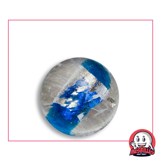 Bille Planète Bleu 25 mm Collector en verre clair à cylindre d'aspect argenté fermé de bleu turquoise et taché de bleu roi, vue de dessus, 25 mm de diamètre