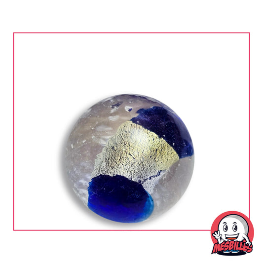 Bille Planète Bleu Nuit 25 mm Collector en verre clair bulleux à feuille froissée argentée nuancée de doré entre deux masses bleu nuit, vue de dessus, 25 mm de diamètre