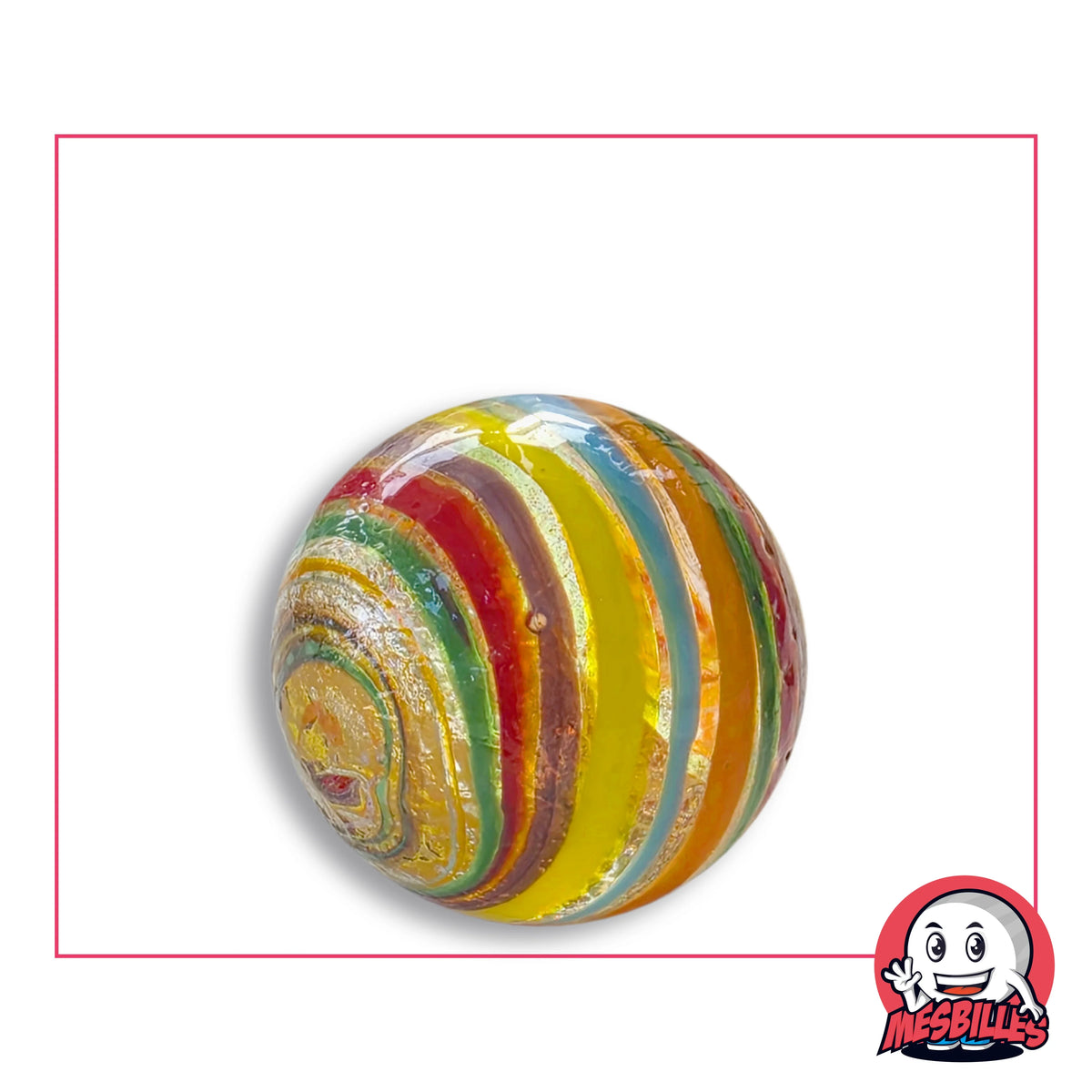 Bille Rainbow 25 mm KimPlay Collector en verre translucide à rubans arc-en-ciel et paillettes dorées, vue de dessus, 25 mm de diamètre