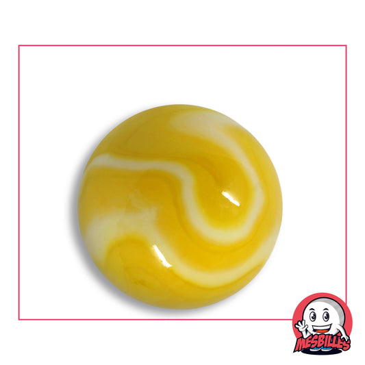 Grande bille Sorbet Citron en verre jaune opaque à volutes blanc crème, vue de dessus, 35 mm de diamètre