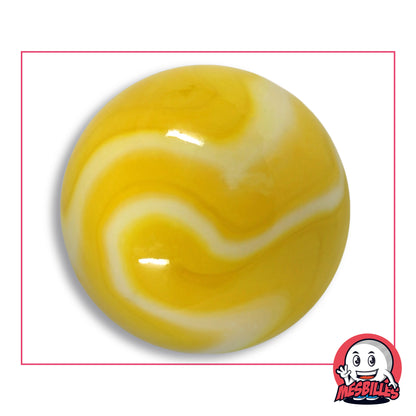 Grande bille Sorbet Citron en verre jaune opaque à volutes blanc crème, vue de dessus, 50 mm de diamètre