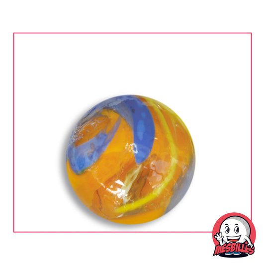 Bille Speedy Orange et bleu 25 mm Collector en verre orange profond à arcs bleu lavande et fil jaune, vue de dessus, 25 mm de diamètre