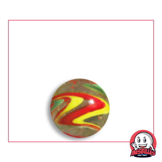 Bille Speedy Rouge et Jaune 16 mm Collector en verre brun olive à chevrons rouges et jaunes, filets verts, vue de dessus, 16 mm de diamètre