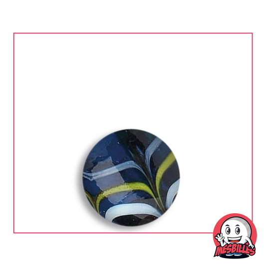 Bille Spider Bleu 16 mm Collector en verre bleu nuit à filets blancs et jaune-vert en plume, vue de dessus, 16 mm de diamètre