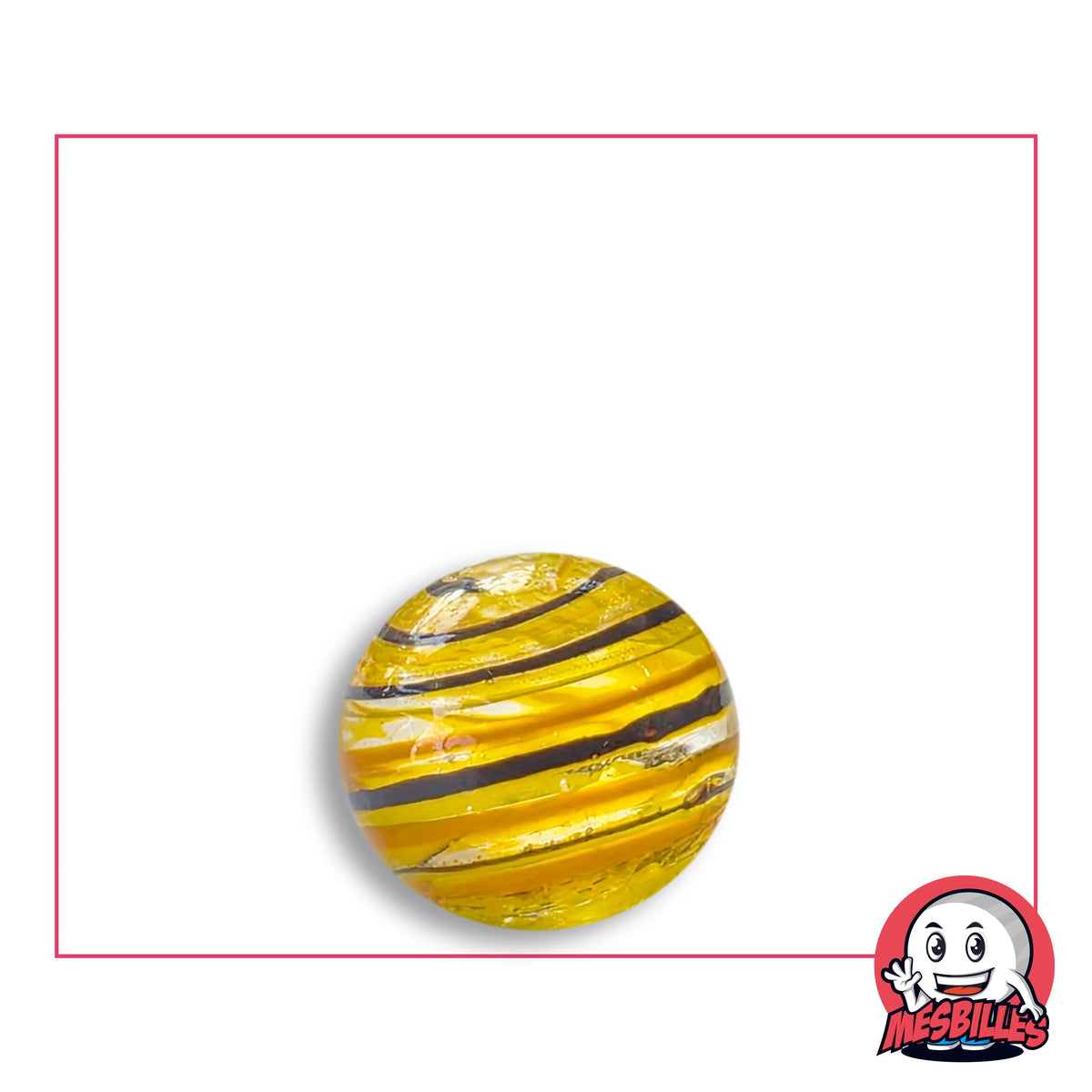 Bille Tortitta Jaune et Noir 16 mm KimPlay Collector en verre jaune miel translucide rayé de noir et d'orange, vue de dessus, 16 mm de diamètre