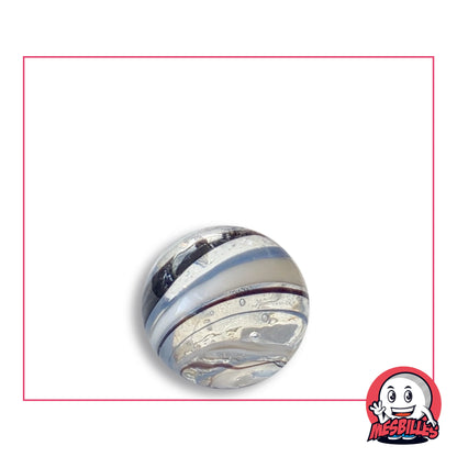 Bille Tortitta Noir et Blanc 16 mm KimPlay Collector en verre transparent à bande blanc grisé et rayures noires, vue de dessus, 16 mm de diamètre