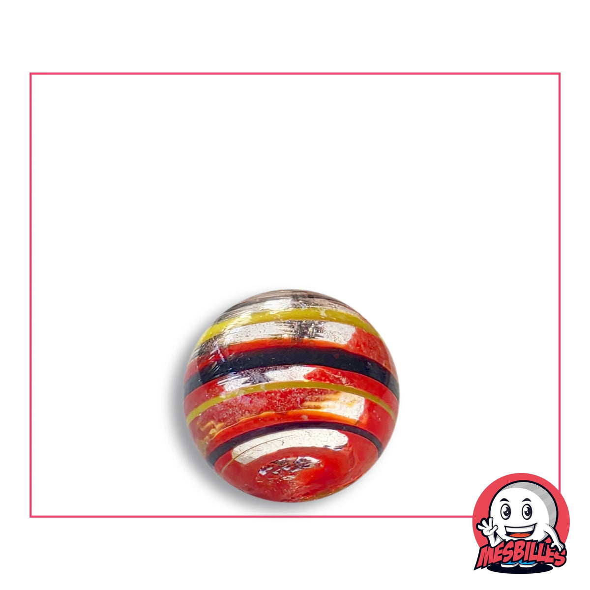 Bille Tortitta Rouge 16 mm KimPlay Collector en verre rouge vif à anneaux noirs, filets jaunes et reflets argentés, vue de dessus, 16 mm de diamètre