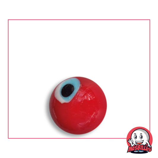 Bille Zombie 16 mm Collector en verre rouge avec un oeil bleu ciel cerné de blanc, vue de dessus, 16 mm de diamètre