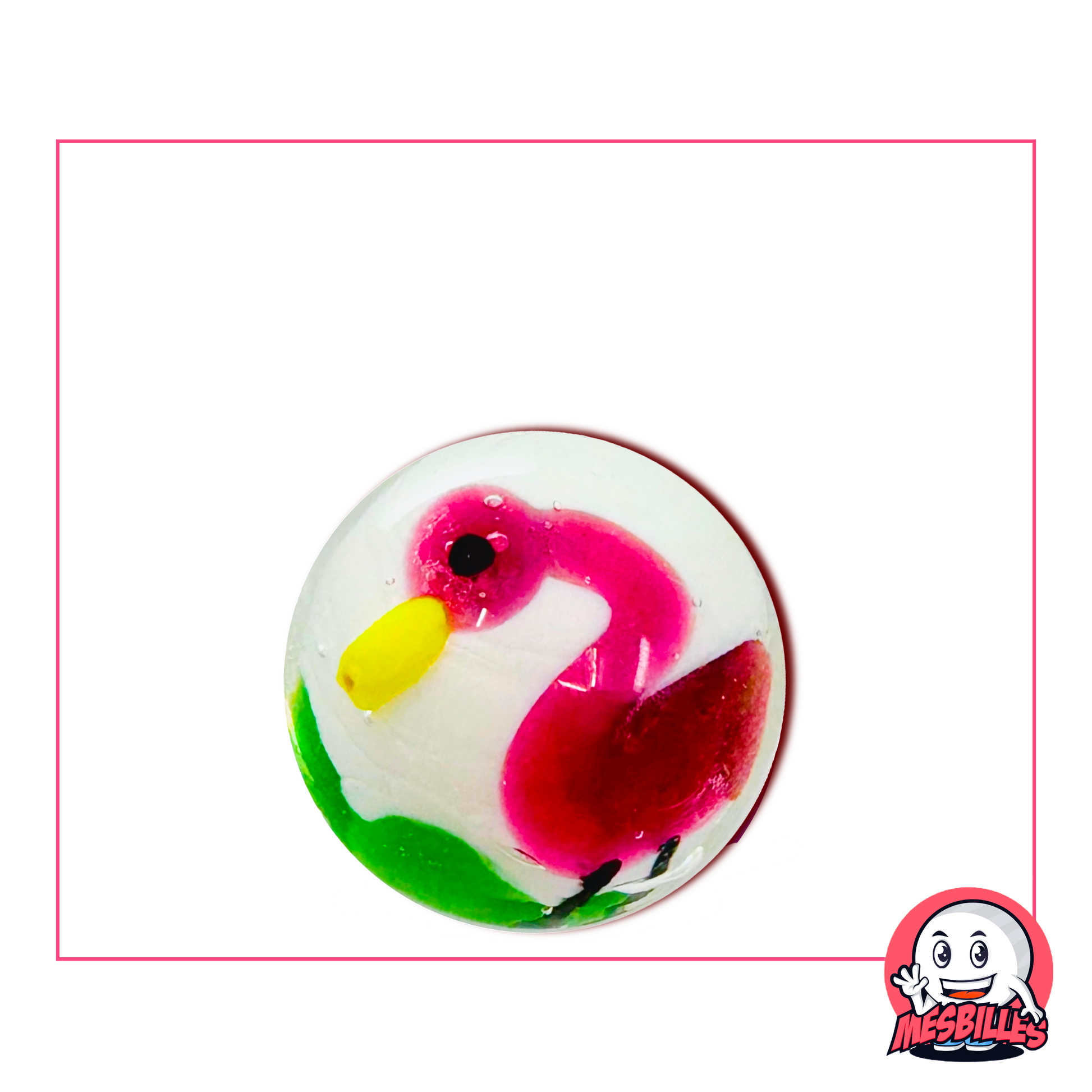 Grande biglia decorativa da 22 mm che raffigura un elegante fenicottero rosa, per decorazioni artistiche uniche e originali.