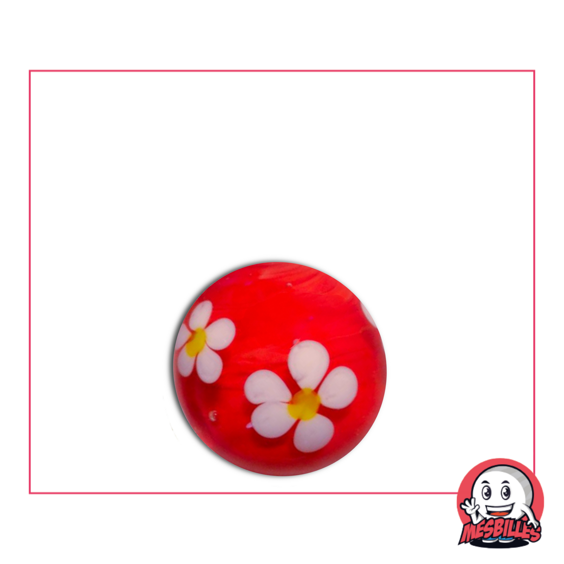 Biglia rossa da 16 mm con un fiore bianco a cinque petali fissato nel vetro, motivo floreale artigianale
