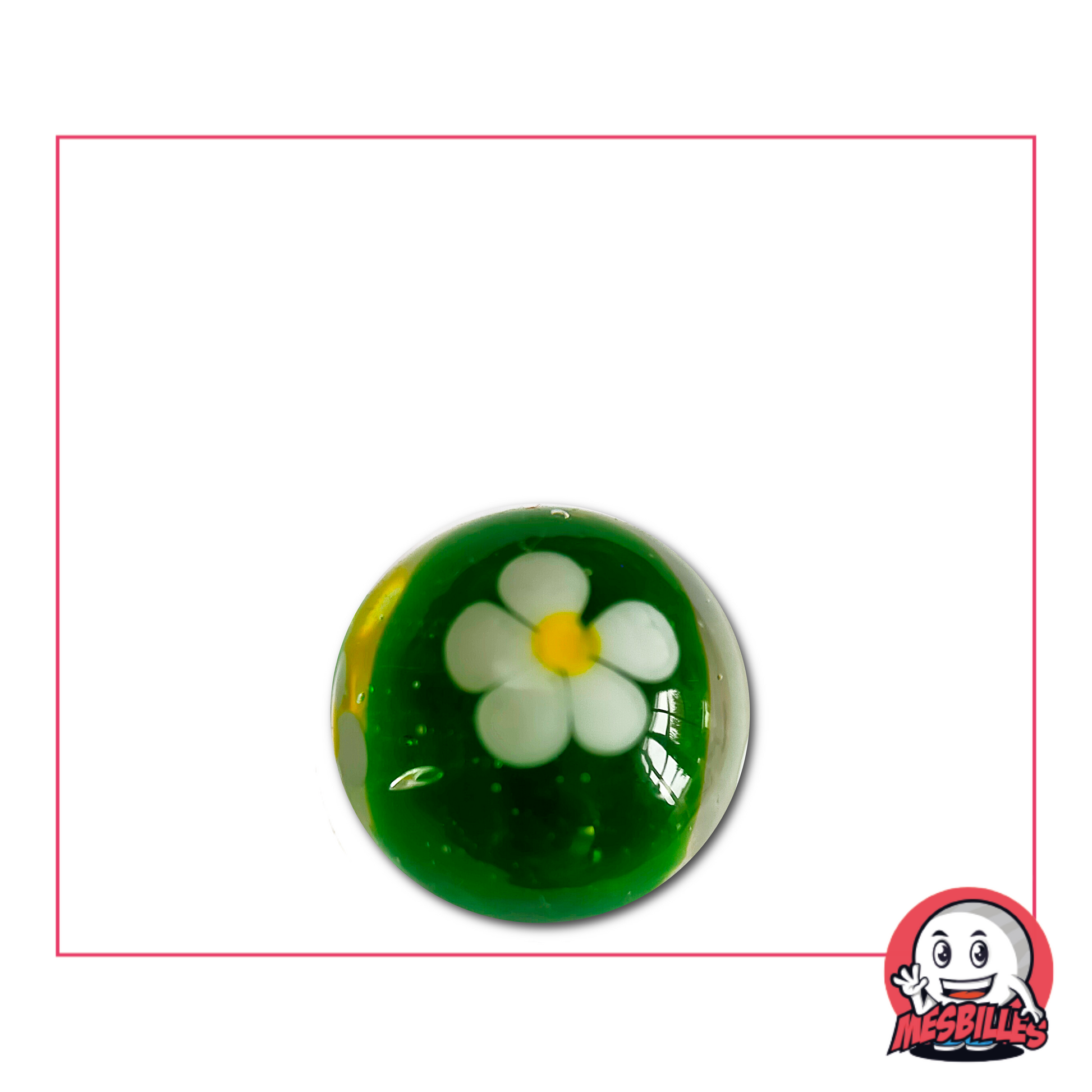 Biglia verde da 16 mm con fiore bianco a cinque petali intrappolato nel vetro, stile artigianale