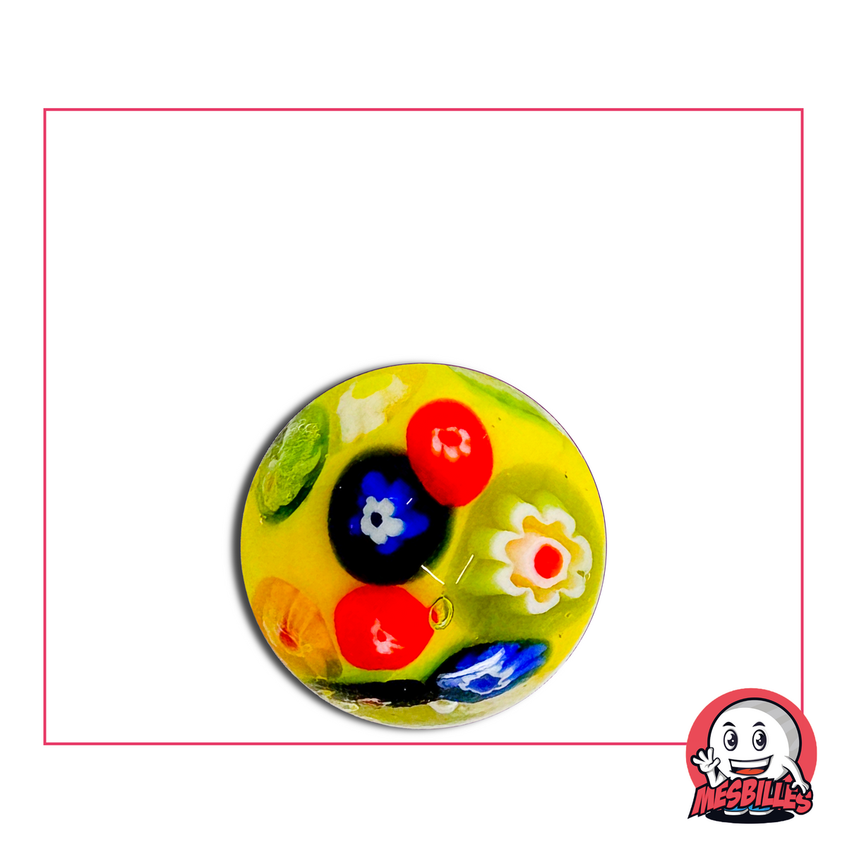 Grande biglia gialla 22 mm decorata con fiori multicolori