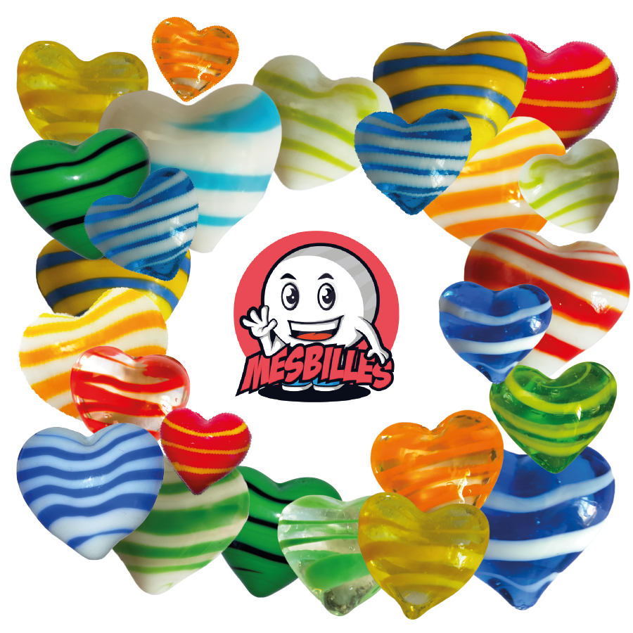 Mascotte MieiBiglie più Biglia a forma di cuore in vetro bianco opaco con strisce arancioni, biglia piatta 25 mm, MieiBiglie