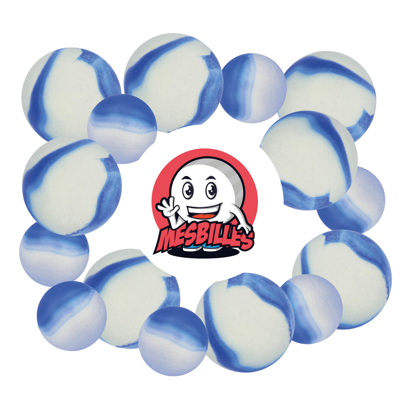 Immagine della mascotte MesBilles circondata da Biglie Satinata - Biglia in vetro Satinata striata di Blu 25 mm MesBilles