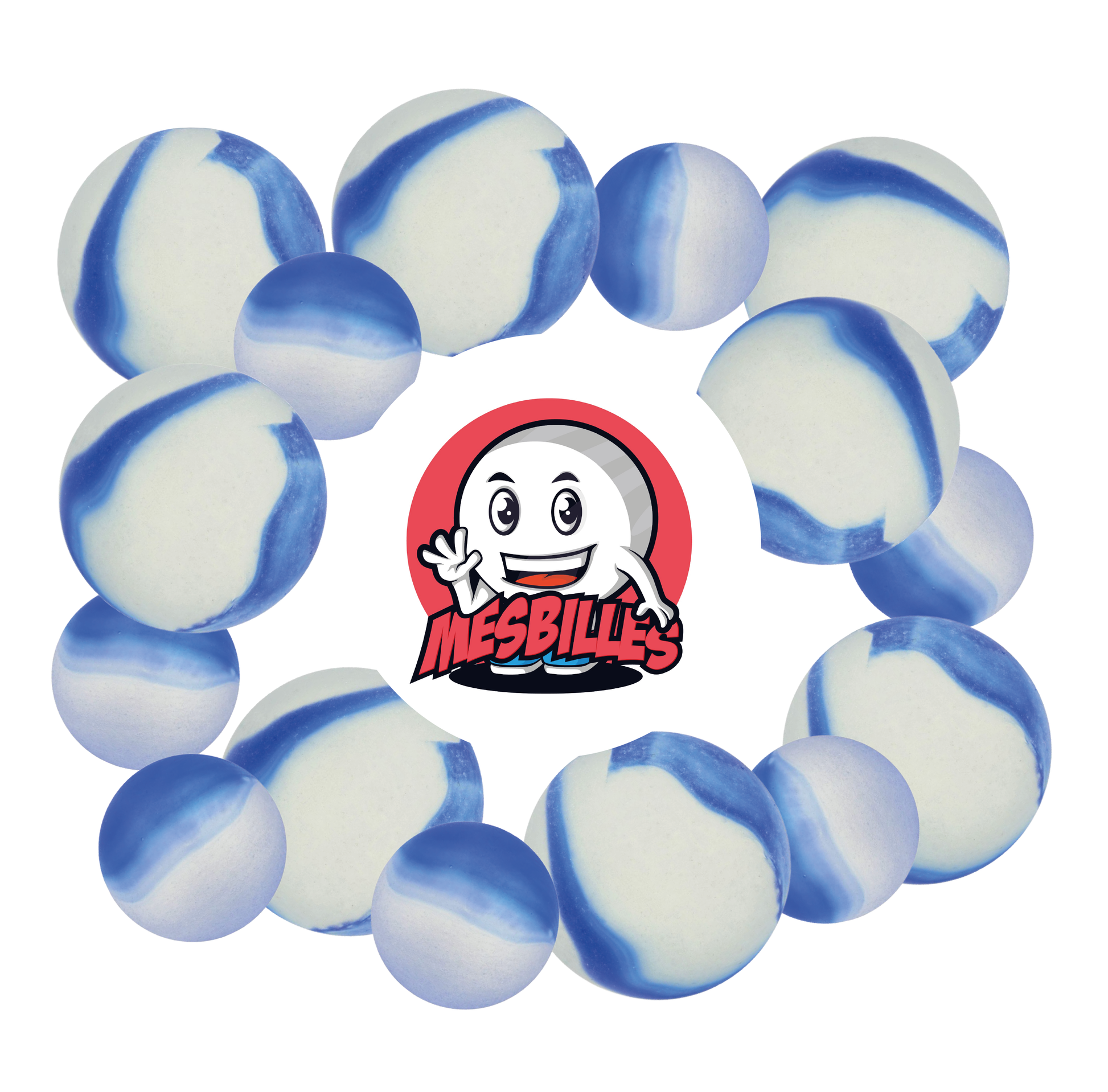 Immagine della mascotte MesBilles circondata da Biglie Satinata - Biglia in vetro Satinata striata di Blu 25 mm MesBilles