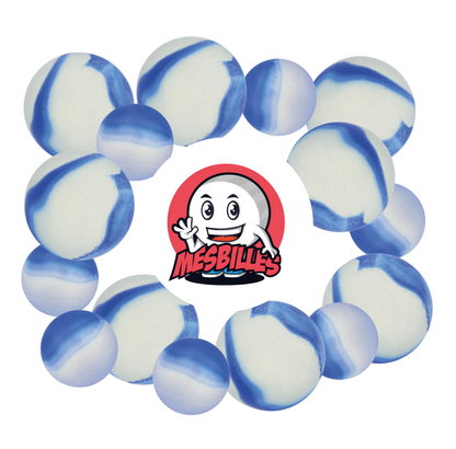 Immagine della mascotte MesBilles circondata da Biglie Satinata - Biglia in vetro Satinata striata di Blu 25 mm MesBilles