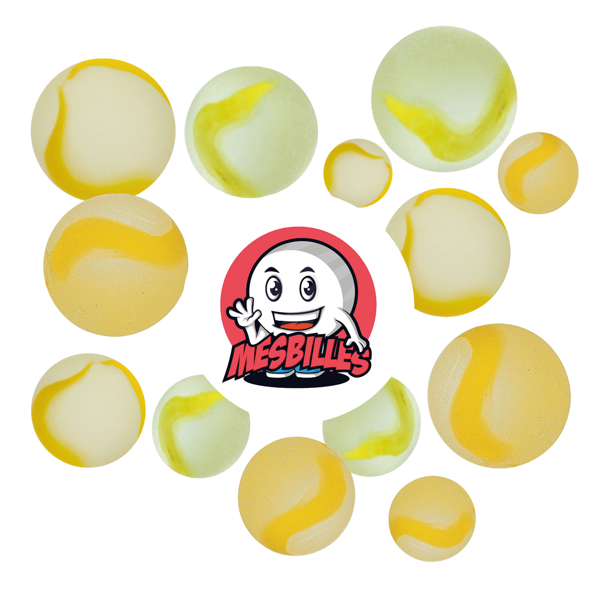 Immagine della mascotte MieiBiglie circondata da Biglie Satinata - Biglia in vetro satinato striato di giallo 22 mm MieiBiglie