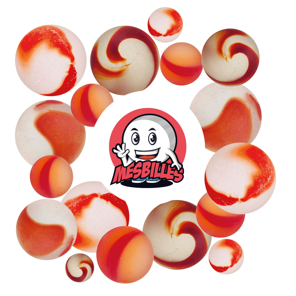 Immagine della mascotte MesBilles circondata da biglie satinate - Biglia in vetro satinato striato di rosso 35 mm MesBilles