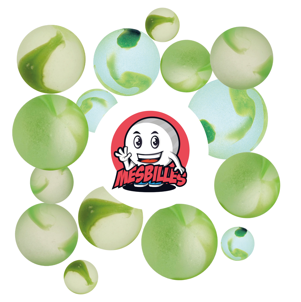 Immagine della mascotte MesBilles circondata da biglie Satinata - Biglia in vetro satinato striato di verde 35 mm MesBilles