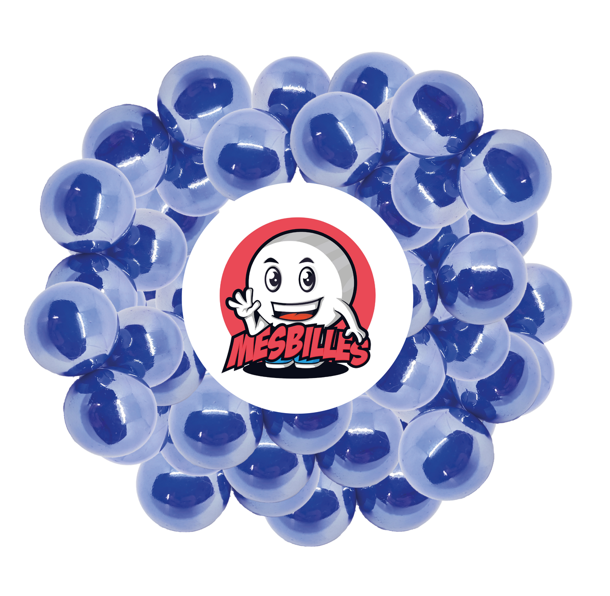 Immagine della mascotte MesBilles circondata da biglie lucide 25 mm - vetro opaco e brillante blu perlato - MesBilles