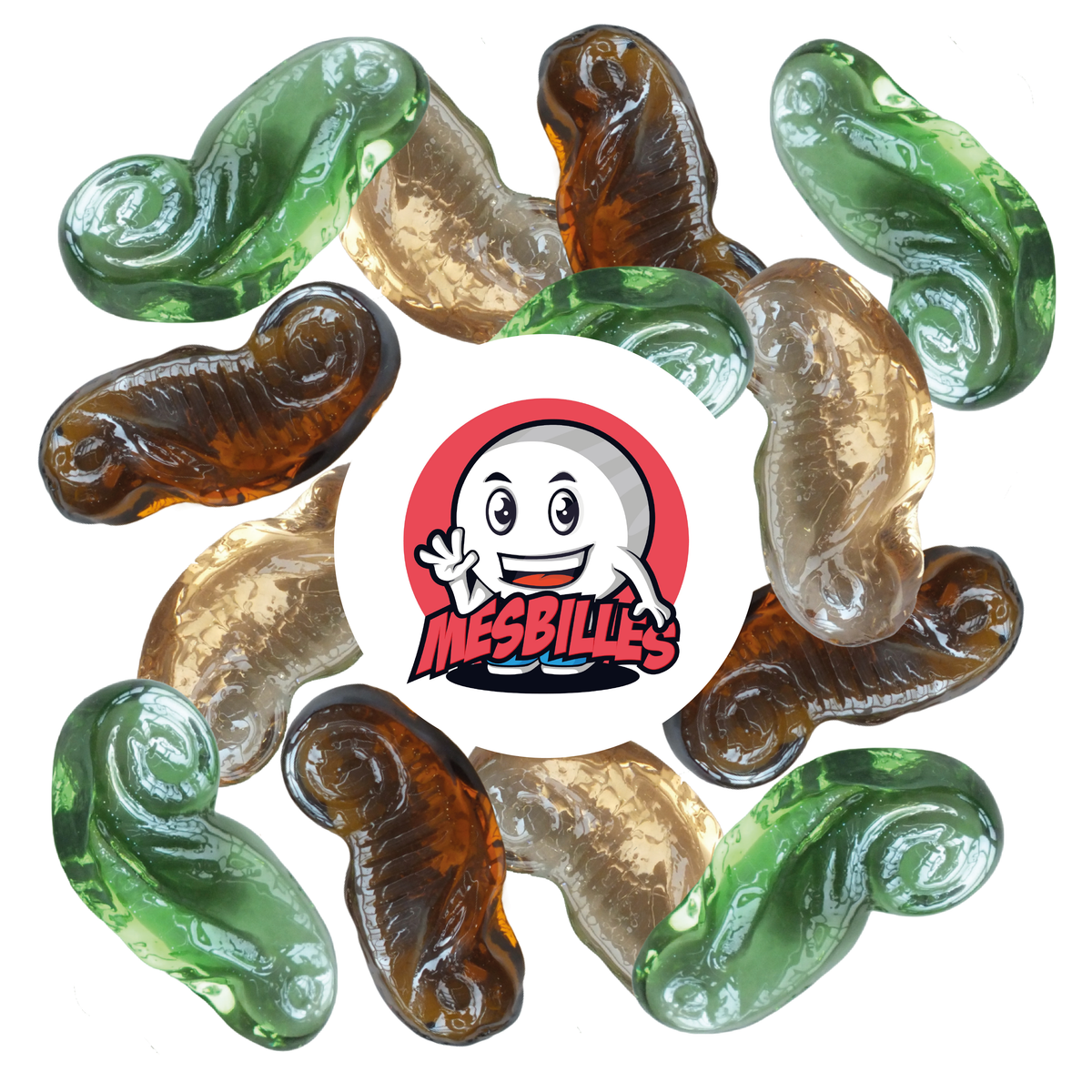 Set di biglie Hippocampe in vetro - Ambra, Pesca e Verde, biglie a forma di cavallucci marini stilizzati - MieiBiglie