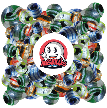 Immagine della mascotte MesBilles circondata da Biglie Occhio di Drago di MesBilles, 16 mm, semi-opache nero argento, striate di rossoBiglie Occhio di Drago di MesBilles, 16 mm, semi-opache nero argento, striate di rosso