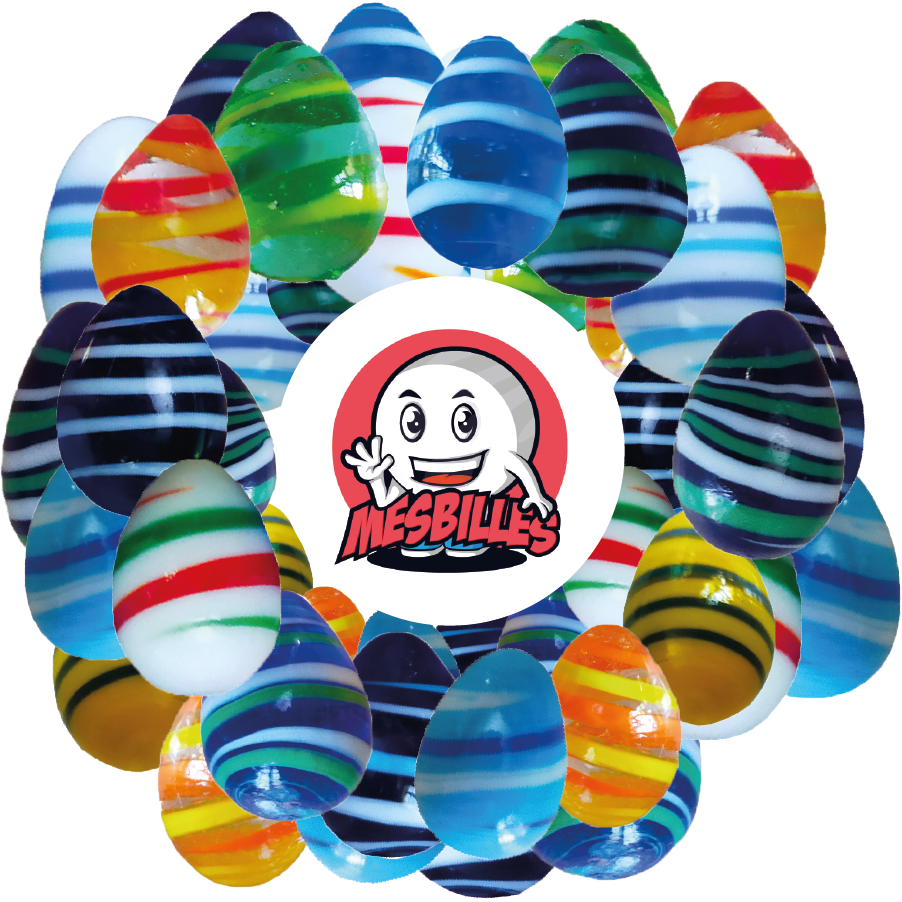 Immagine della mascotte MesBilles circondata da Biglie Ovoide MesBilles, forma non convenzionale, vetro blu intenso striato di bianco e blu, 25 mm Biglie Ovoide MesBilles, forma non convenzionale, vetro blu intenso striato di bianco e blu, 25 mm