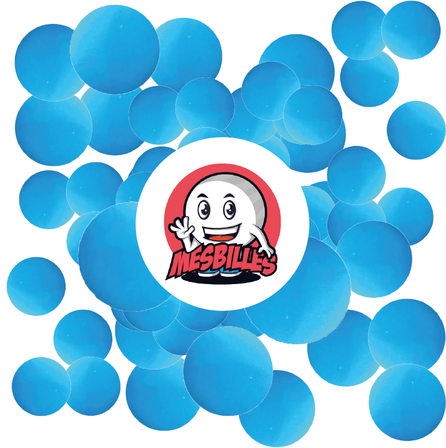 Immagine della mascotte MesBilles circondata da biglie perla da 25 mm - Vetro opaco blu chiaro che evoca l'oceano