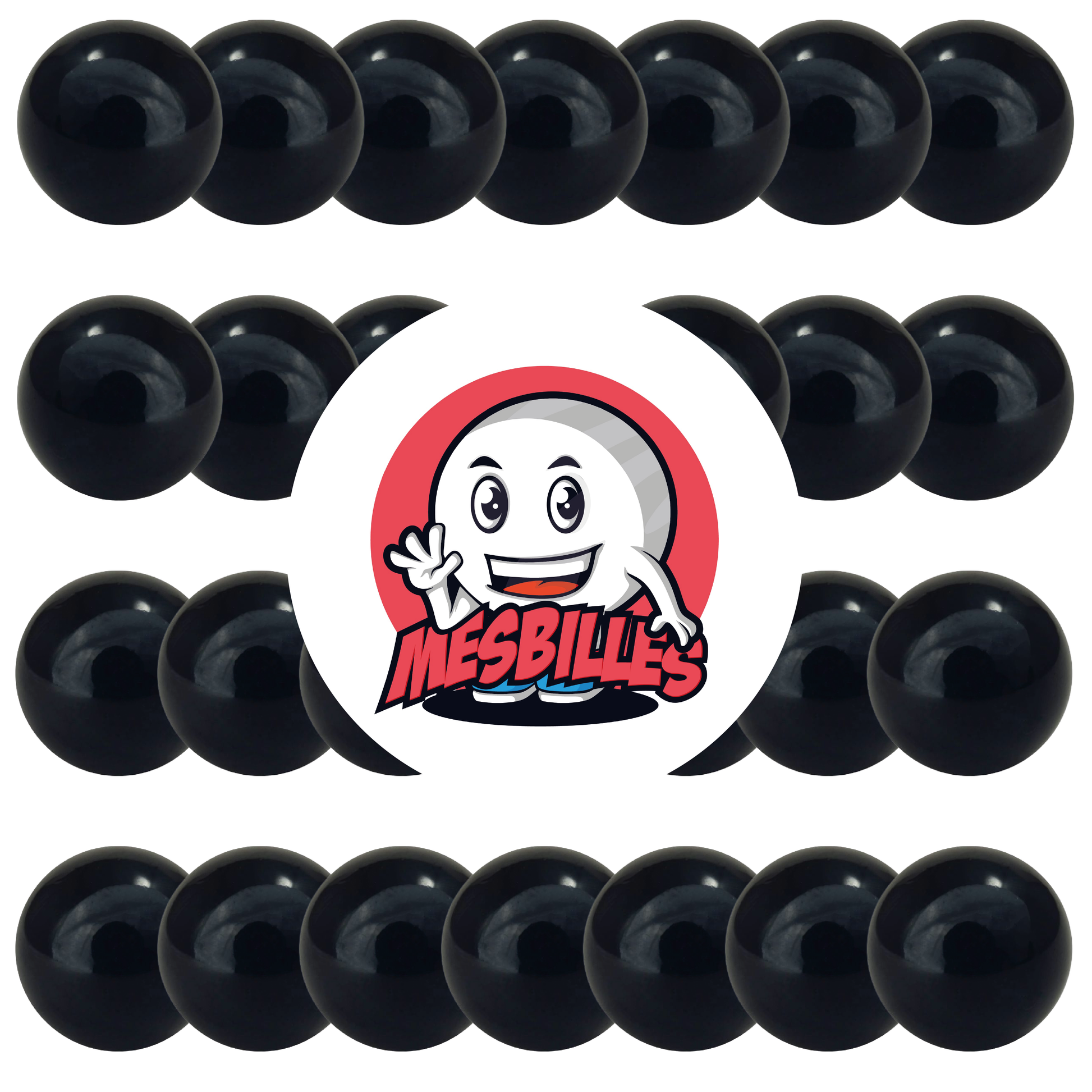 Immagine della mascotte MieiBiglie circondata da biglie opache nere 16 mm - Biglia in vetro rotonda