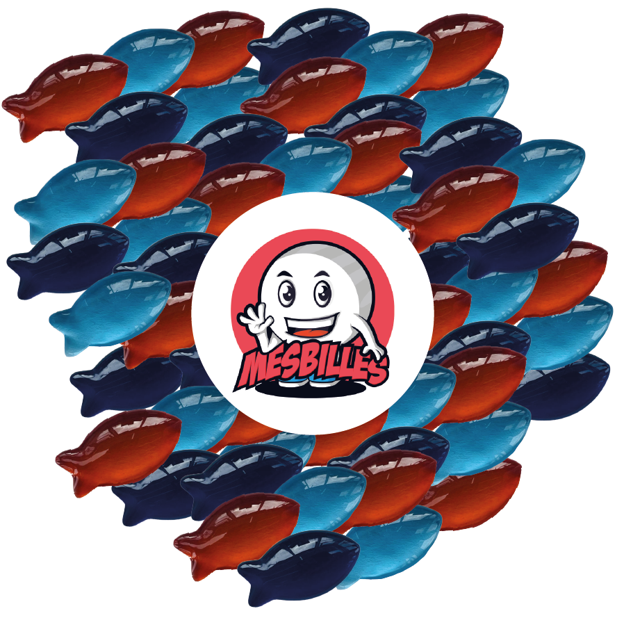 Immagine della mascotte MieiBiglie circondata da Biglie Extra-Piatta Veleno Blu in Vetro Traslucido - Decorazione, Gioco e Collezione - MieiBiglie