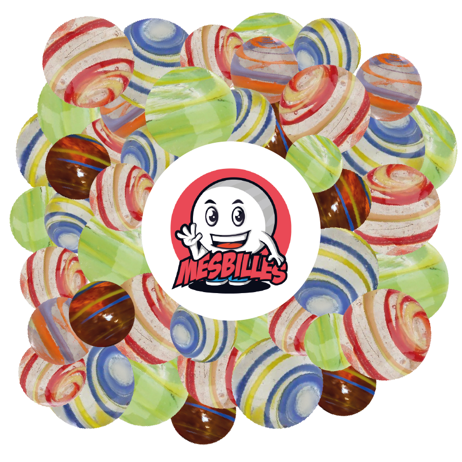 Biglie Cyclone Gialle e Blu KimPlay in vetro Traslucido e biglie Multicolori attorno al Mascotte MieiBiglie