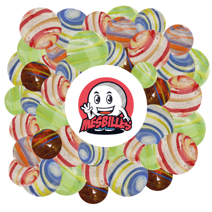 Biglie Cyclone Gialle e Blu KimPlay in vetro Traslucido e biglie Multicolori attorno al Mascotte MieiBiglie