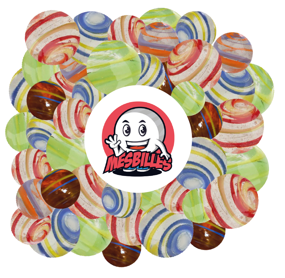 Biglie Cyclone Arancione e Blu KimPlay in vetro Traslucido e biglie Multicolori attorno al Mascotte MieiBiglie
