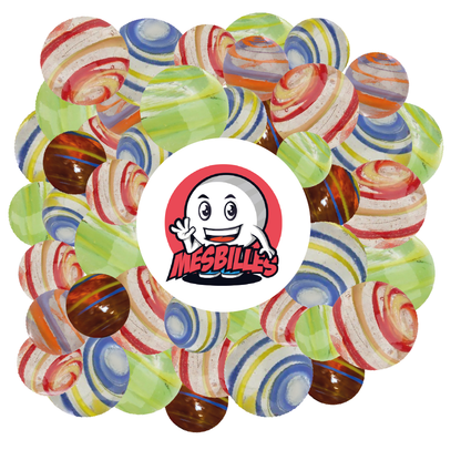 Biglie Cyclone Arancione e Blu KimPlay in vetro Traslucido e biglie Multicolori attorno al Mascotte MieiBiglie