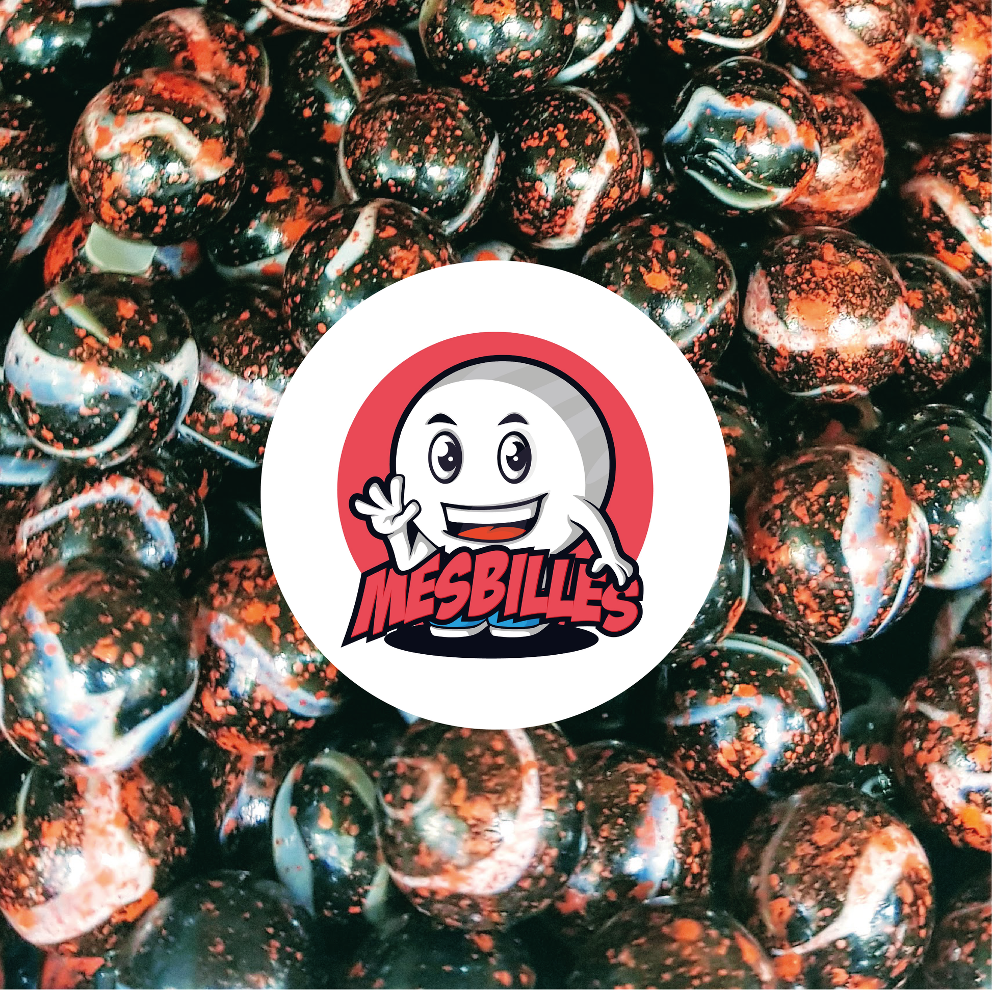 Immagine della mascotte MieiBiglie circondata da Biglie Dracula 14 mm in vetro opaco bianco rosso macchiato di nero