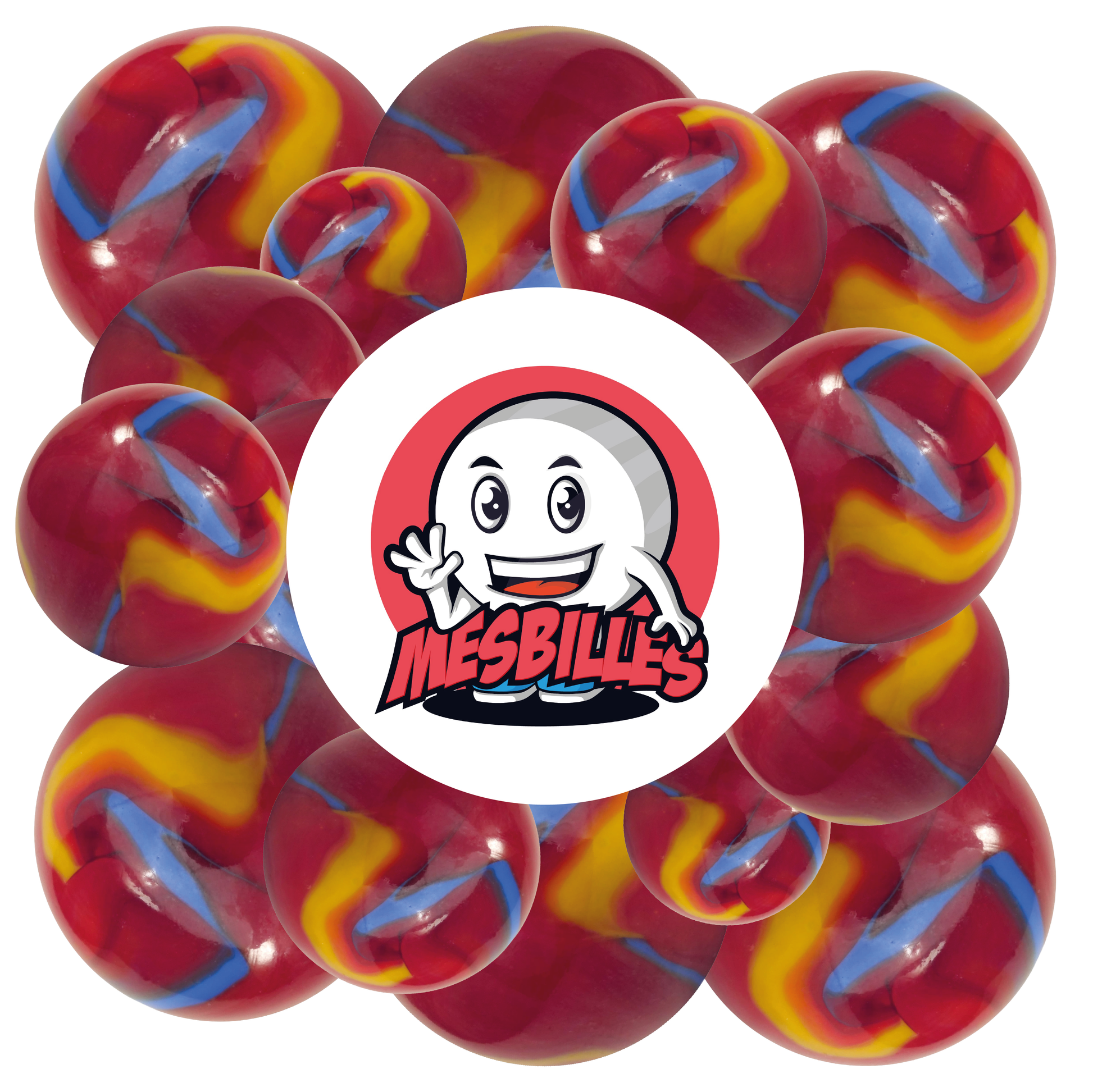 Immagine della mascotte MesBilles circondata da Biglie Fiesta 16 mm rosse striate di blu e giallo