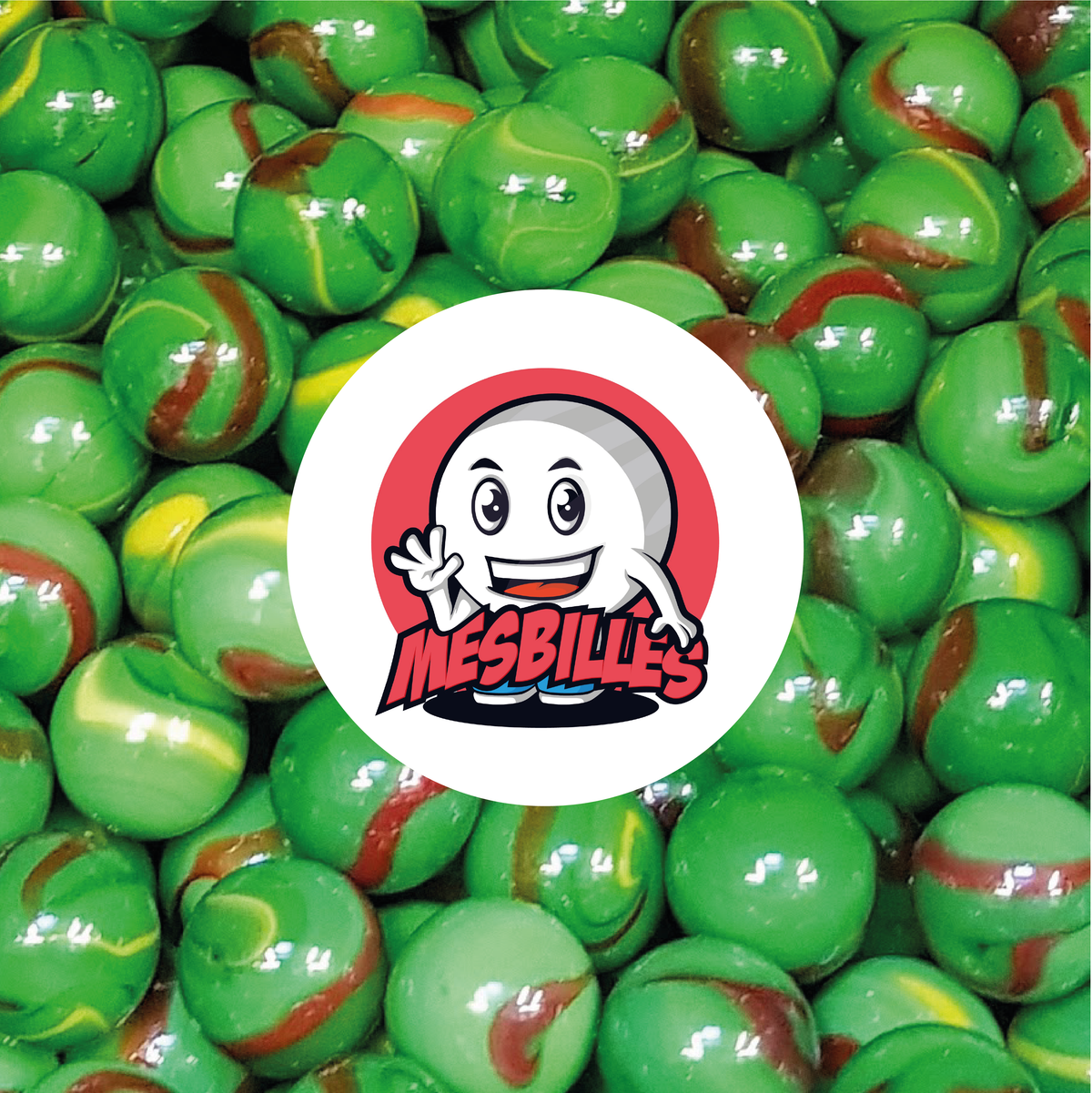 Immagine della mascotte MieiBiglie circondata da biglie Jungle 35 mm verde giallo marrone