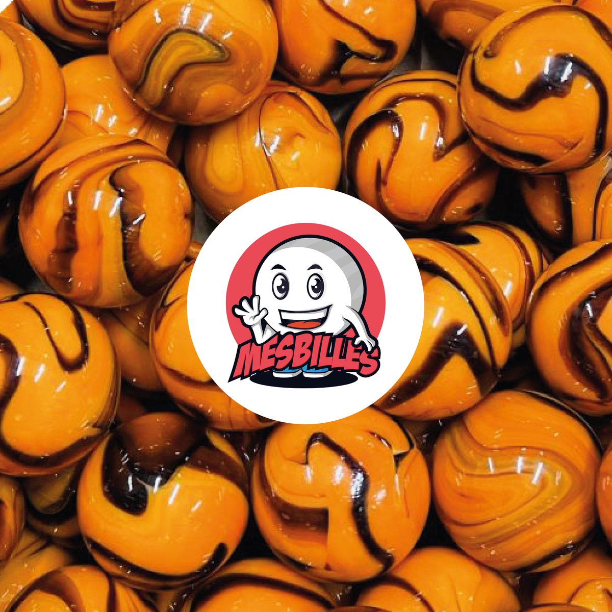 Immagine della mascotte MesBilles circondata da Biglie Jupiter 35 mm di colore arancione striato di marrone