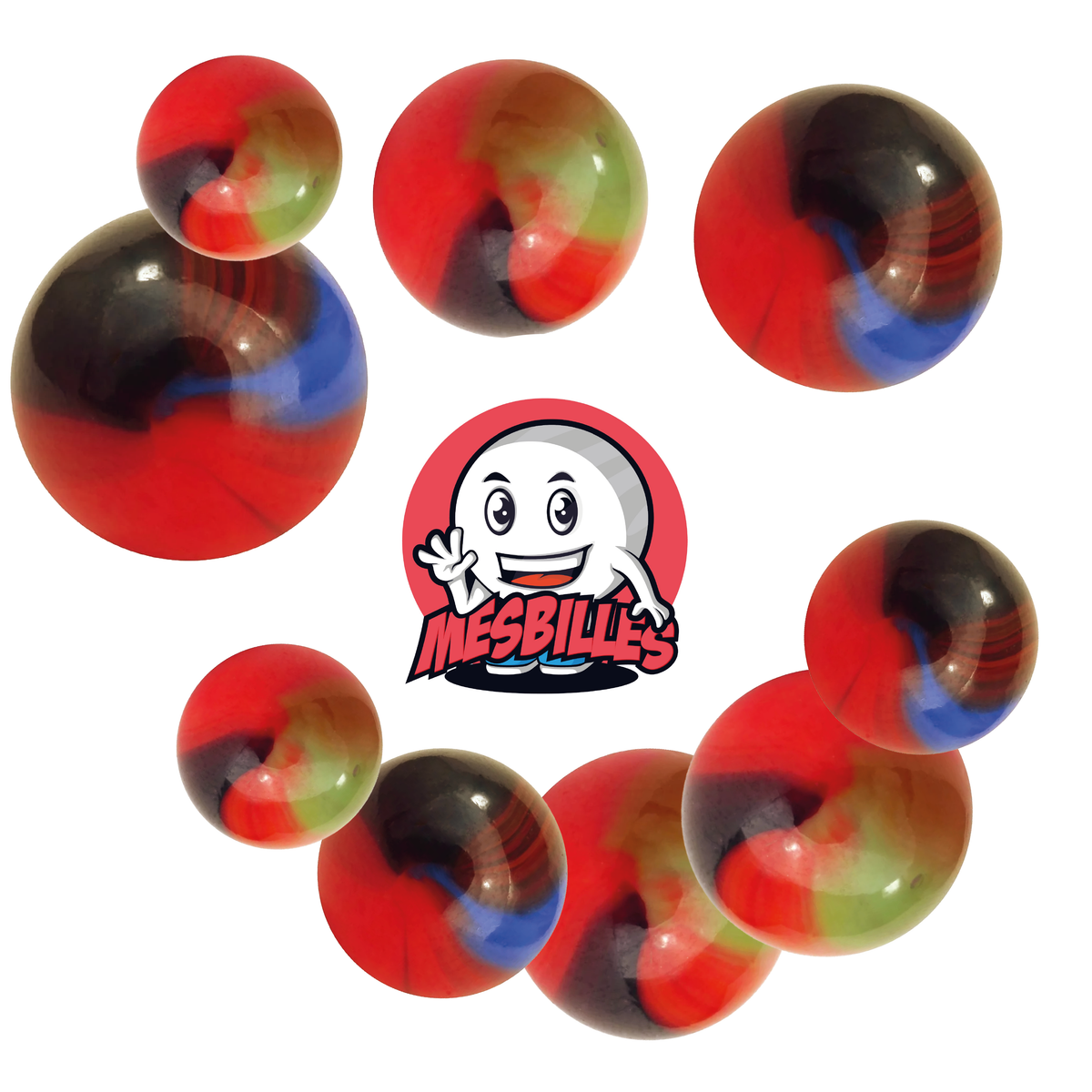 Immagine della mascotte MieiBiglie circondata da Biglie Lautrec in vetro arancione striato di verde e marrone da 14 mm