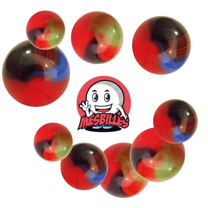 Immagine della mascotte MieiBiglie circondata da Biglie Lautrec in vetro arancione striato di verde e marrone da 25 mm