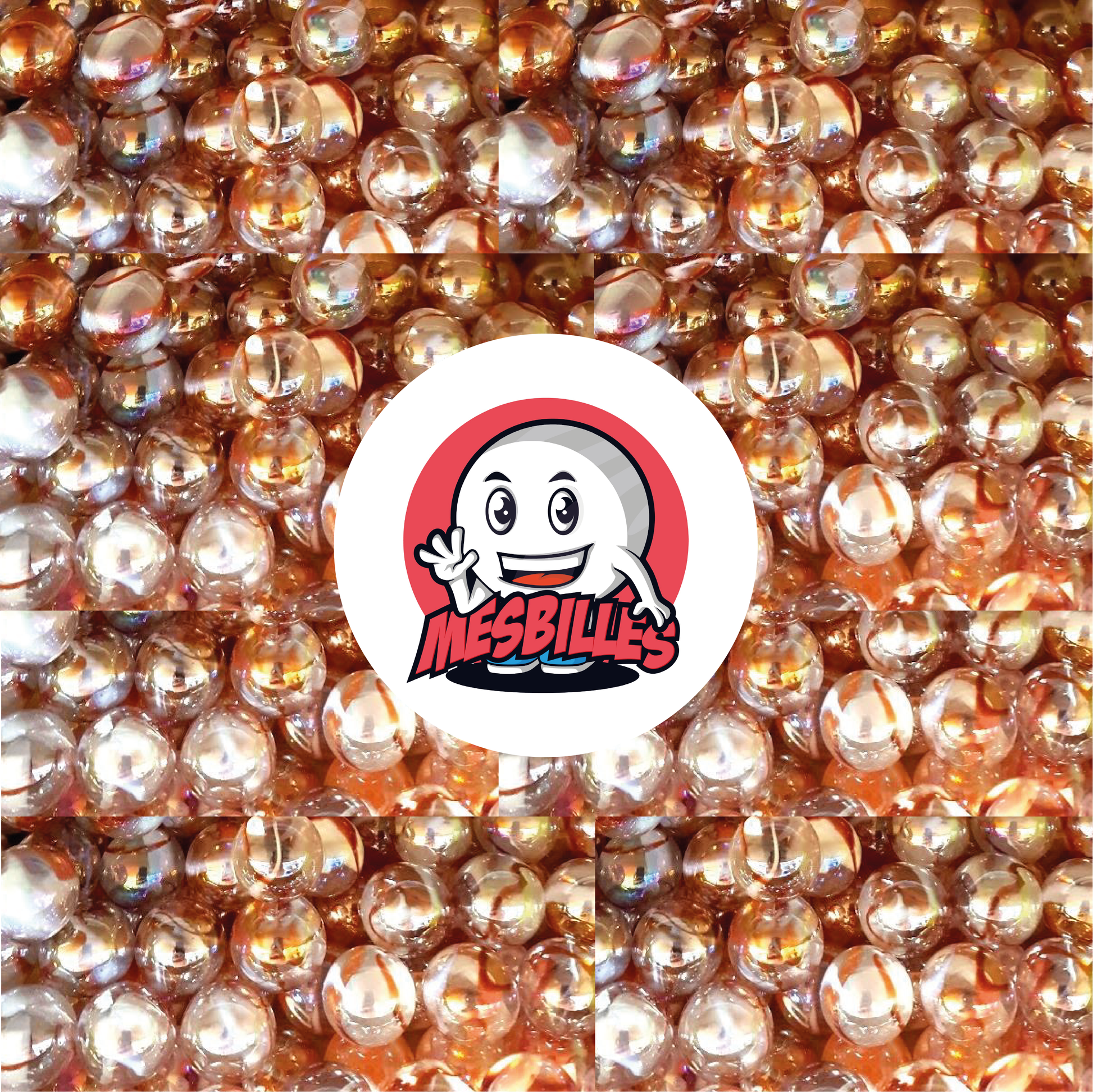 Immagine della mascotte MesBilles circondata da biglie traslucide rosa aranciato attraversate da biglie arancione ambra, biglie Limonade 50 mm
