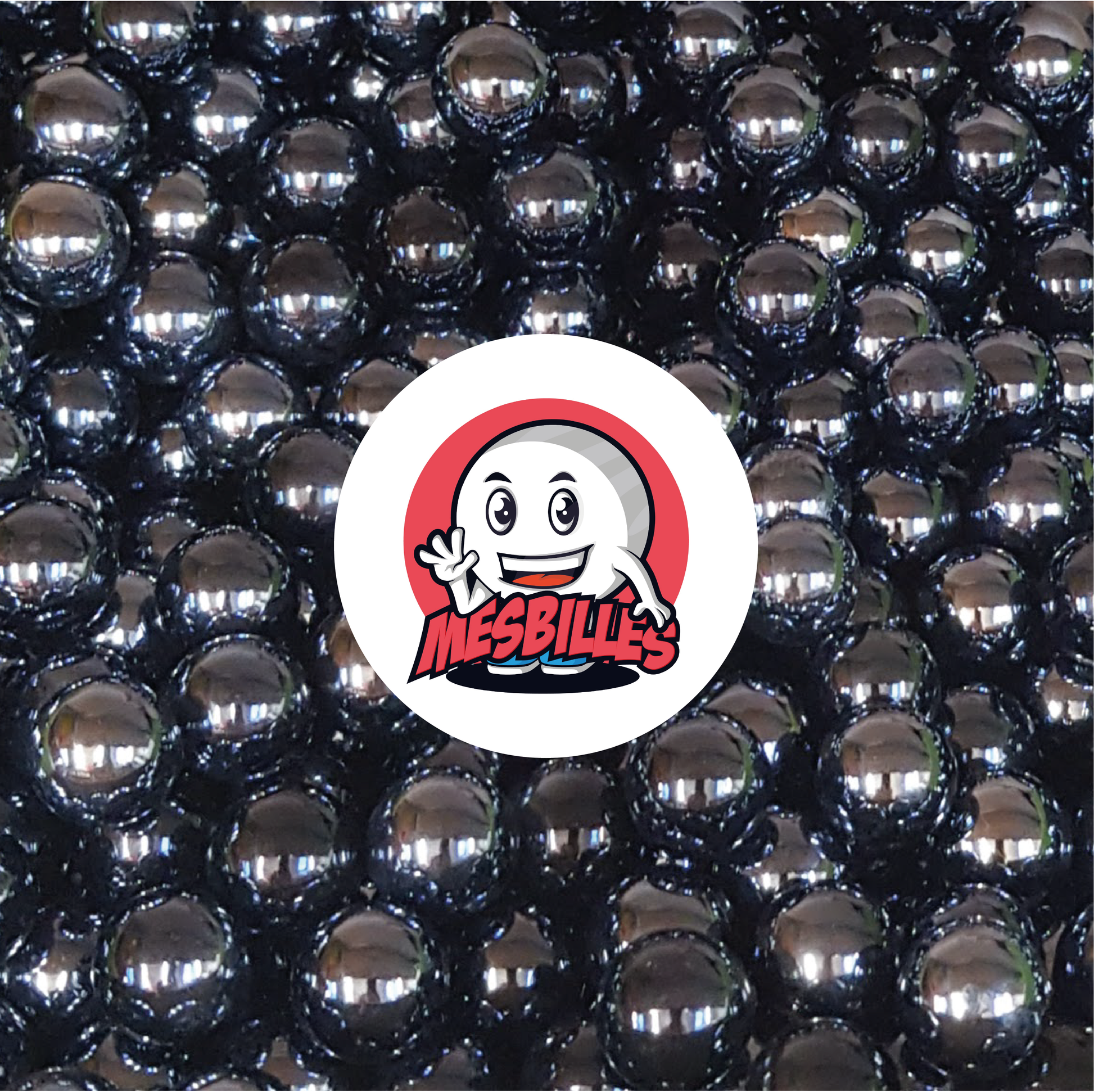 Immagine della mascotte MieiBiglie circondata da Biglie Lucida opaca brillante nera 14 mm