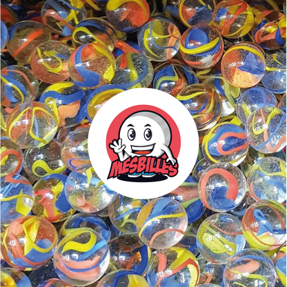 Biglie Fusion colorate rosso, giallo e blu in vetro trasparente - Immagine della mascotte MieiBiglie circondata da biglie Parroco 50 mm