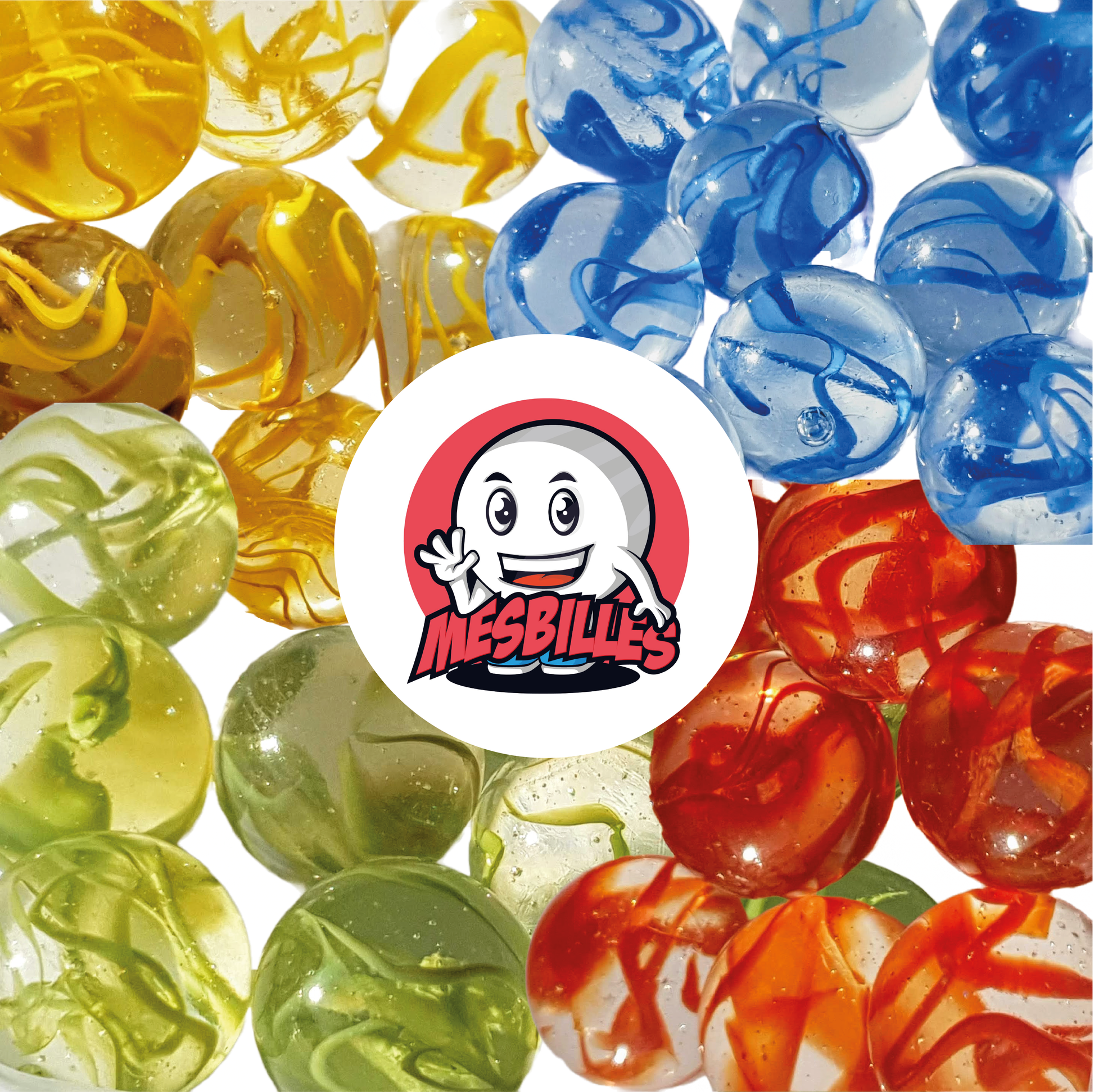 Immagine della mascotte MieiBiglie circondata da biglie traslucide attraversate da nastri GIALLI, biglie da 25 mm