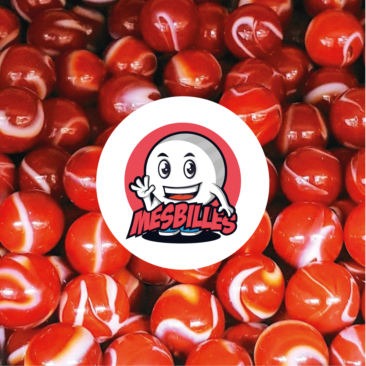 Immagine della mascotte MesBiglie circondata da biglie opache rosse con tracce di bianco, biglia in vetro opaco, 14 mm