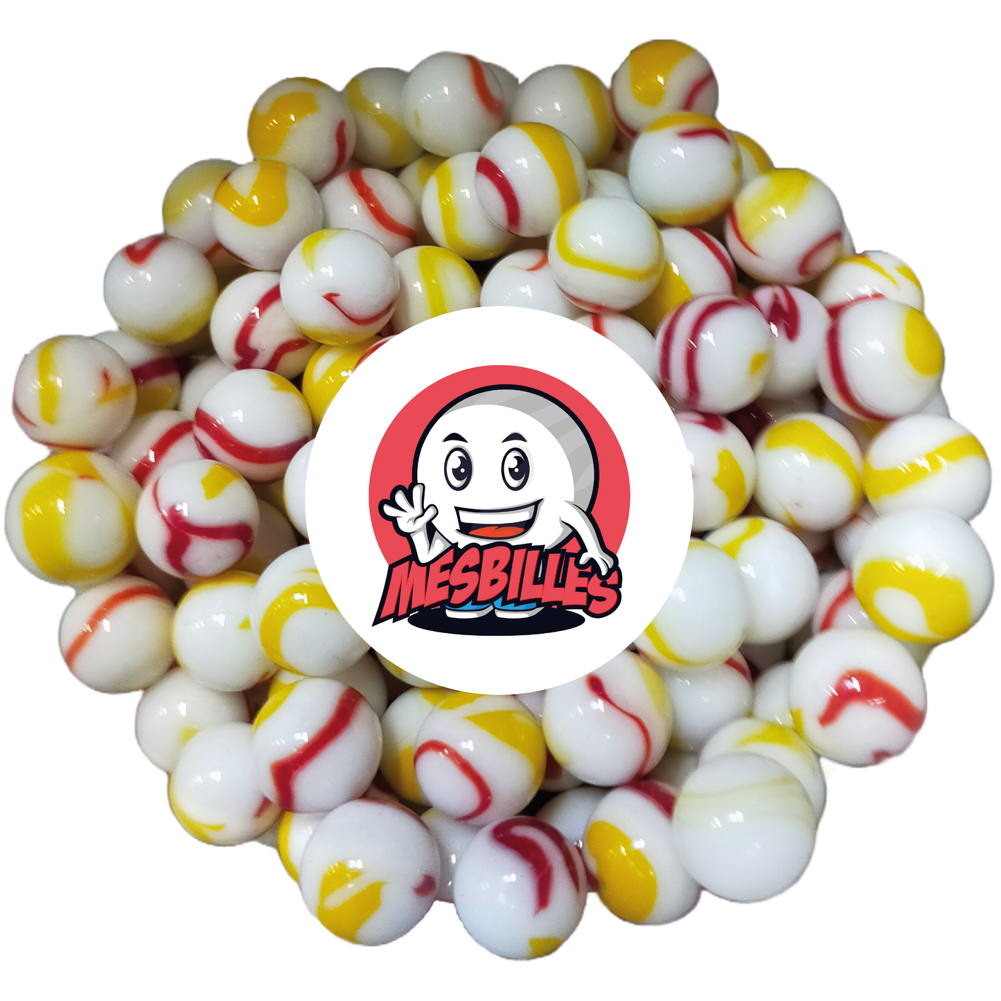 Immagine della mascotte MesBilles circondata da biglie Tigre Rosso 25 mm - Vetro opaco bianco striato di arancione e rosso - MieiBiglie