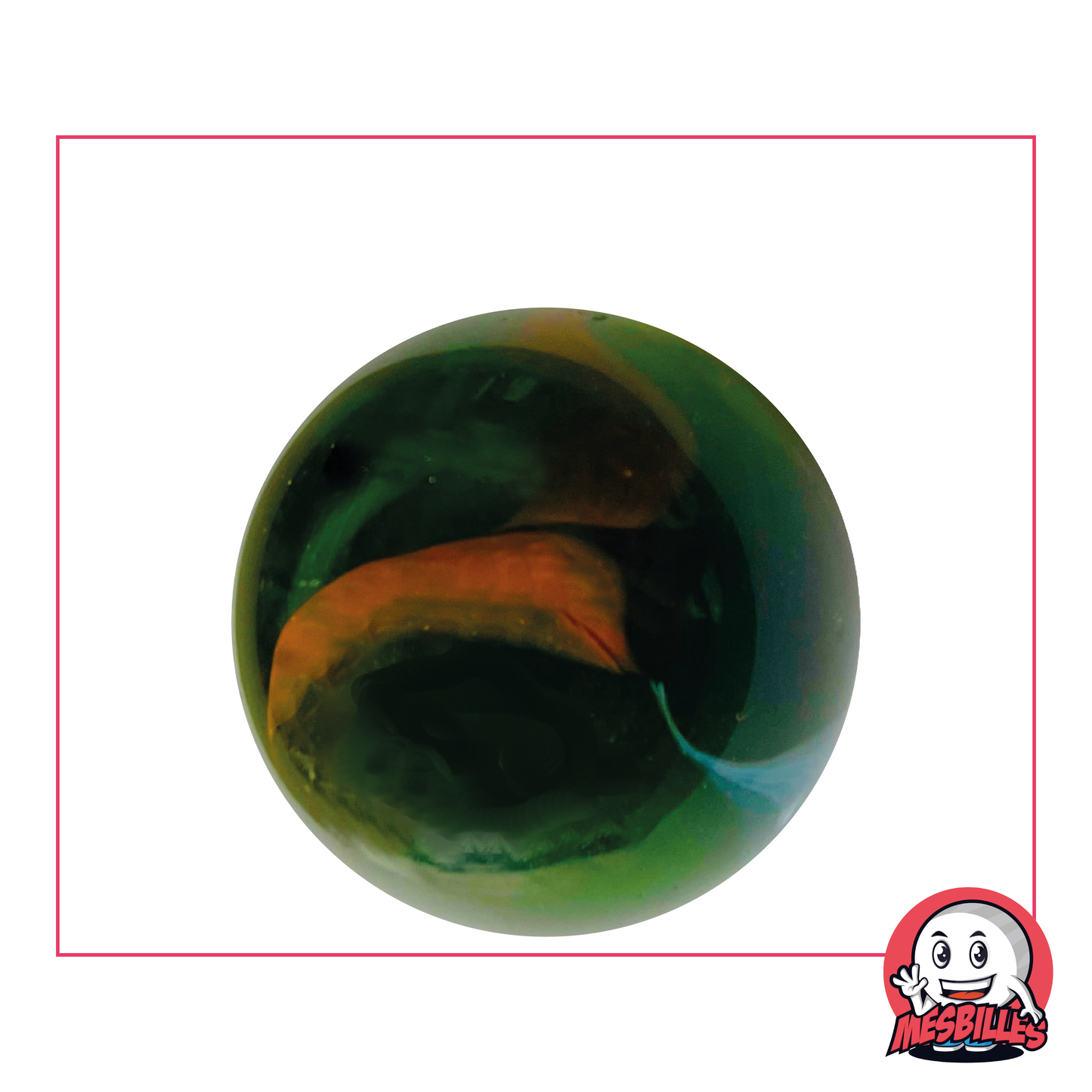 Splendida biglia Croco da 35 mm in vetro, verde scuro decorata con macchie arancioni e bianche, biglia rotonda