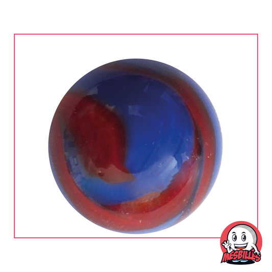 Biglia Dino 42 mm in vetro di colore blu tipo porcellana decorata con rosso, biglia di dimensioni Whale